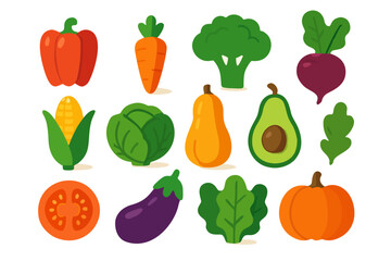 Illustration of various colorful vegetables in a flat design style, ideal for representing healthy eating, vegetarianism, and agricultural themes. Suitable for use in dietary, nutrition, and culinary 