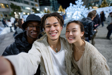 Three friends gather for a festive winter celebration, capturing the spirit of joy and togetherness, illustrated by bright decorations and cheerful smiles in a snowy setting.