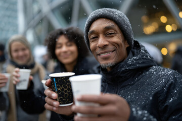 A smiling man holds cups of coffee while surrounded by friends in a snowy outdoor setting, capturing the essence of warmth and joy during winter festivities.
