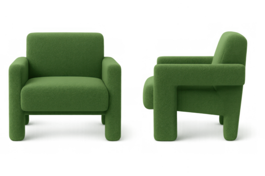 Green armchair upholstered in soft boucle fabric, presented in front and side views for contemporary interior design elements