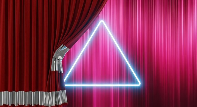 Vivid neon triangle accentuates dramatic red curtains and striped backdrop