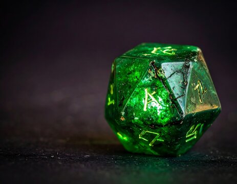 A close-up of a green, multi-sided gaming die with golden numerals, resting on black