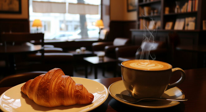 Fresh croissant and steaming latte for cozy cafe breakfast.
A warm, inviting close-up shot capturing a classic European breakfast setting inside a dimly lit, cozy cafe or bookshop