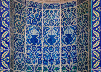 Ornate blue Turkish Iznik tiles with floral Islamic patterns in Istanbul, Turkey