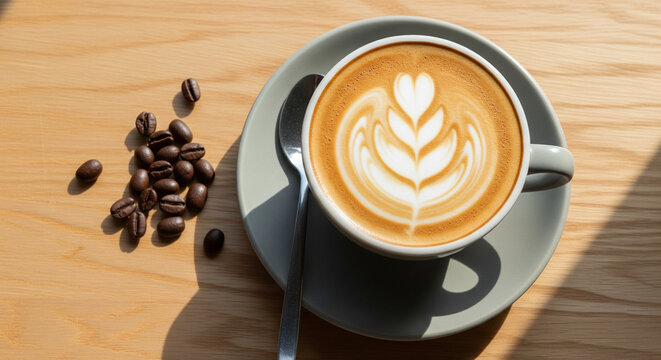 Perfect latte art tulip design in a coffee shop setting.
A stunning, high-angle close-up photograph of a cup of beautifully prepared latte, prominently featuring intricate "tulip"