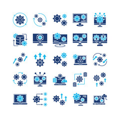 Operation system icon set collection. Containing performing, operation, cog, intelligence, monitor, news, gears .Solid vector icons collection