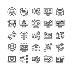 Operation system icon set collection. Containing performing, operation, cog, intelligence, monitor, news, gears .Line vector icons collection