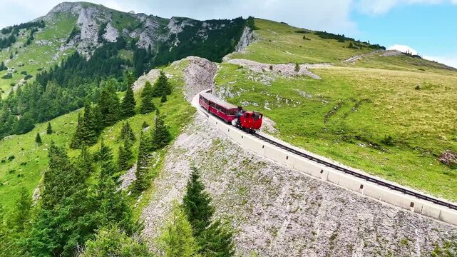 Drone Austria 4k. Schafberg Bahn, historic cog railway in Austria, it runs from St. Wolfgang up Schafberg mountain.&nbsp;popular summer travel tourism destination for hiking in Europe.
