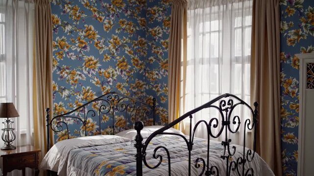 This delightful video features a cozy bedroom adorned with vibrant floral wallpaper and soft curtains. The vintage black iron bed frame adds character, creating a warm and inviting atmosphere for rest