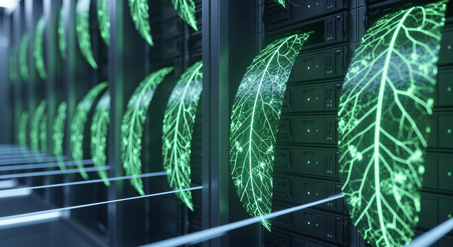 Green technology concept with leaf-integrated servers for sustainable data center solutions