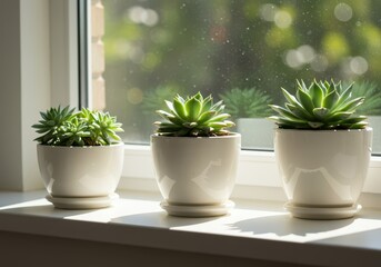 Tranquil indoor garden featuring small green succulent plants sitting on a bright white windowsill bathed in warm, soft morning sunlight, tranquil, peaceful, gardening