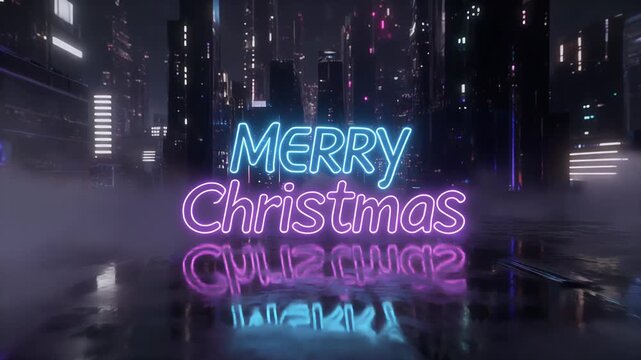 Futuristic 'Merry Christmas' neon glow. Blue and purple text reflects on chrome cityscape