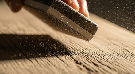 Detailed image of hand sanding wood surface with dust flying around
