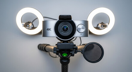 Professional 4K Webcam Setup with Dual LED Ring Lights on Tripod.
A detailed, front-facing close-up shot of a high-quality streaming or vlogging setup, featuring a silver and black 4K webcam