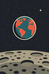 Fototapeta premium A minimalist illustration shows Earth rising over the Moon, set against a starry night sky, evoking space exploration and cosmic perspective.
