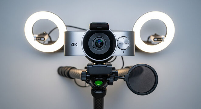 Professional 4K Webcam Setup with Dual LED Ring Lights on Tripod.
A detailed, front-facing close-up shot of a high-quality streaming or vlogging setup, featuring a silver and black 4K webcam