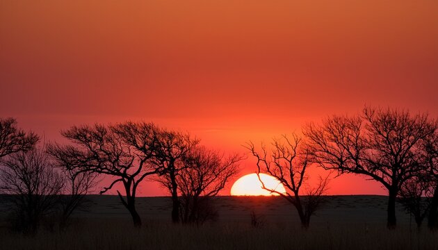 Red Sunset Over A Minimalist Landscape With Bare Trees - Powered by Adobe