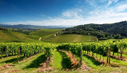Naklejka premium Verdant Vineyard Landscape And Hills In Summer