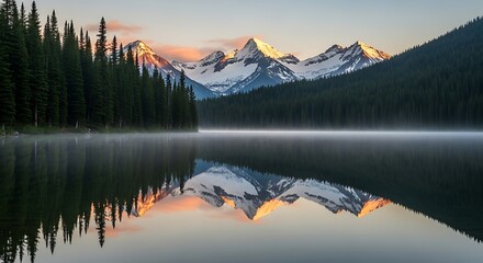 Serene alpine lake reflecting snow-capped peaks and evergreen forest at dawn with mist