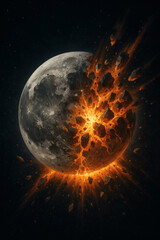 Obraz premium Fiery Celestial Disruption: A planet undergoing catastrophic fragmentation, spewing molten debris against a backdrop of starry cosmic dust.