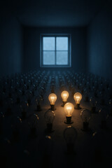 Obraz premium Illuminating Ideas: A gathering of light bulbs, some shining brightly, set against a dimly lit room and a window letting in a bit of daylight.