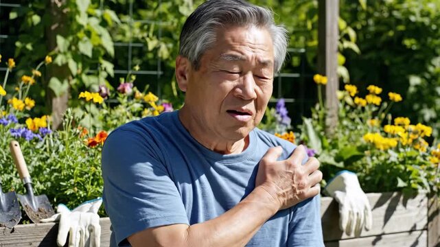 Senior man experiencing shoulder pain while gardening in his backyard on a sunny day