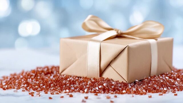 Wrapped Gift with Ribbon: A beautifully wrapped gift, adorned with a delicate ribbon and nestled amongst sparkling gems, conveys a sense of celebration and elegance.