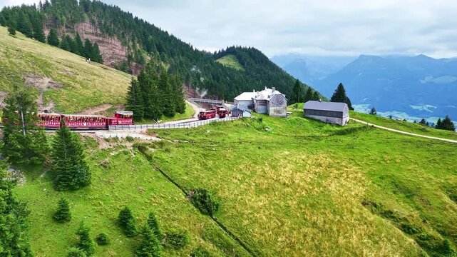 Drone Austria 4k. Schafberg Bahn, historic cog railway in Austria, it runs from St. Wolfgang up Schafberg mountain.&nbsp;popular summer travel tourism destination for hiking in Europe.