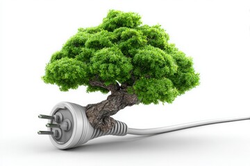 A creative representation of a power plug merging with a lush green tree symbolizing eco-friendly energy