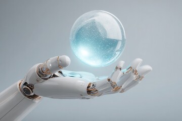 A futuristic robotic hand gently holds a glowing blue orb, symbolizing technology and innovation
