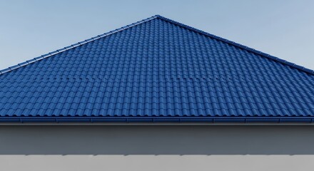 Detailed view of a blue tiled roof against a clear sky backdrop