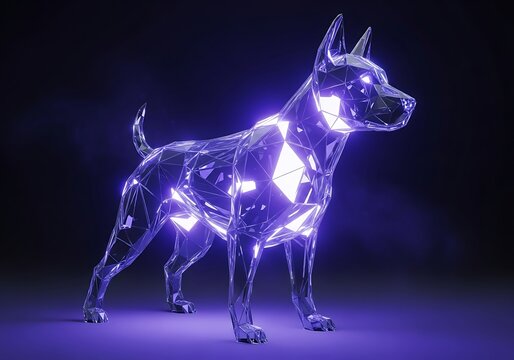 Digital rendering of an abstract dog in polygonal shape on dark background