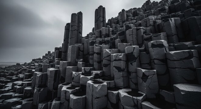 A monochromatic marvel of basalt columns, showcasing natures architectural prowess and creating a dramatic landscape of geometric precision and grandeur