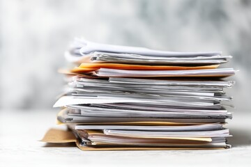 A neatly organized stack of documents and papers on a light wooden surface, showcasing office work