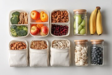 A neatly organized display of healthy snacks and fruits in containers on a white background