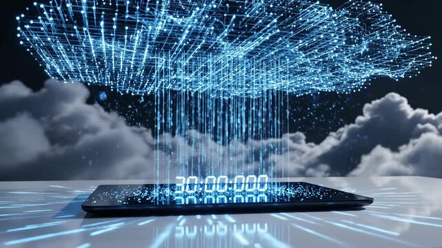 Cloud Computing Data Transfer to Mobile Device with Digital Clock Display. - Powered by Adobe