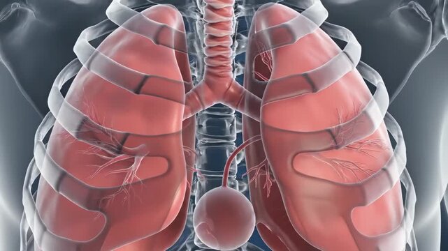 Anatomical lungs with rib cage 3d illustration showing human respiration animation, inhalation and