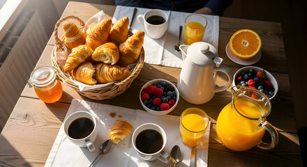 Start your day with a delicious continental breakfast of fresh croissants, fruits, orange juice, and coffee, perfect for a relaxing morning at home