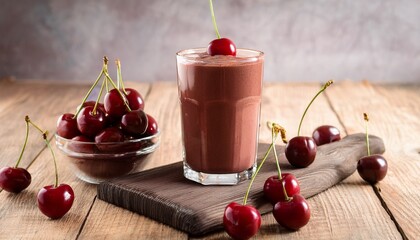 Chocolate Cherry Protein Smoothie Garnished With Fresh Cherries