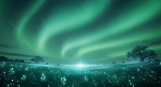 Ethereal aurora borealis illuminating dreamlike field of glowing flora