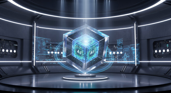 Futuristic laboratory chamber with a glowing blue crystal artifact radiating light and holographic city projections in the background