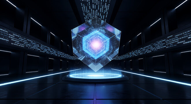 Futuristic glowing crystal artifact on a glowing platform in a dark neon lit digital tunnel with data streams - Powered by Adobe