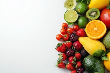 A vibrant assortment of fresh fruits arranged artistically on a clean white background