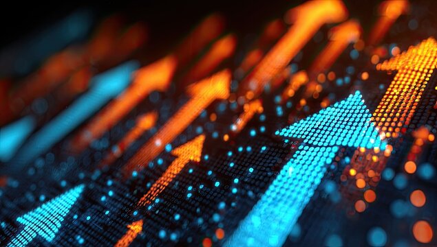 Abstract digital upward arrows glowing