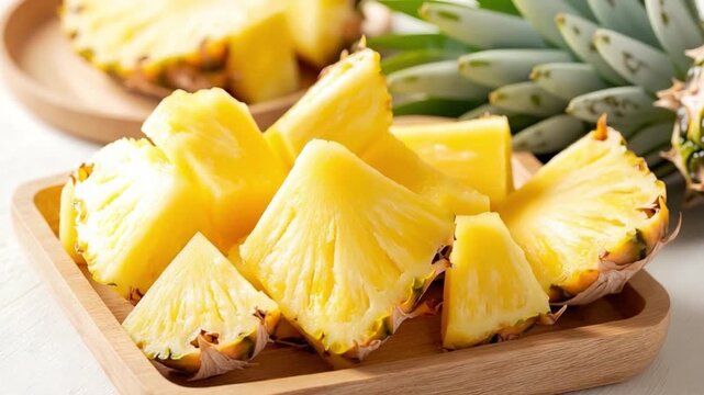 Tropical Temptation: A close-up showcases a medley of succulent pineapple chunks, their vibrant hues and textures tantalizingly presented on a rustic wooden platter, a true celebration of freshness.