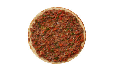 A top-view photograph of a traditional Turkish lahmacun on a clean white background. The thin, crispy flatbread is perfectly round with golden-brown edges, topped with a vibrant red minced meat mixtur