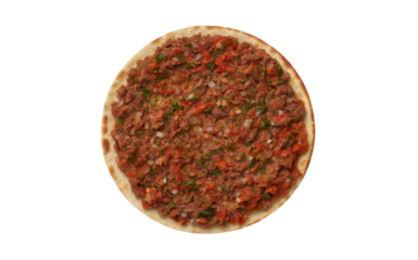 A top-view photograph of a traditional Turkish lahmacun on a clean white background. The thin, crispy flatbread is perfectly round with golden-brown edges, topped with a vibrant red minced meat mixtur