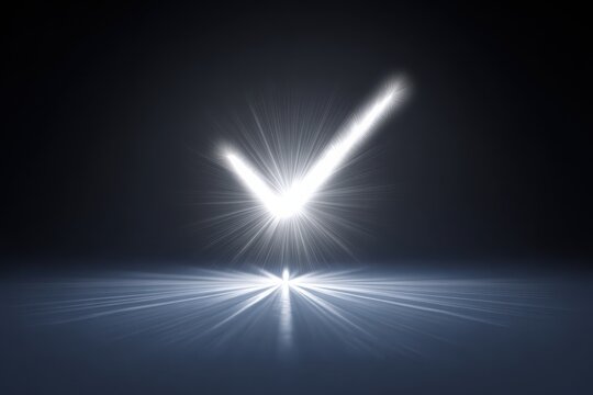 Bright glowing checkmark symbolizing approval or success on a dark background with light rays