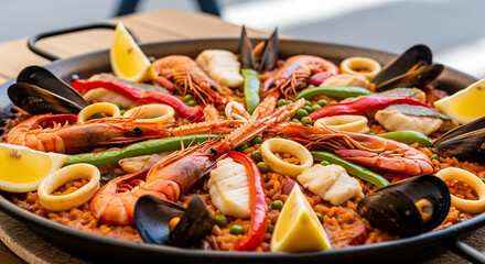 Traditional paella with seafood, Spanish style