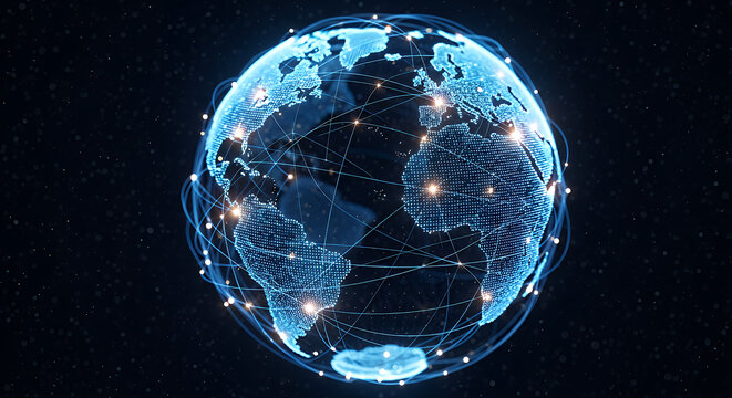 Abstract digital glowing blue earth globe with interconnected lines and bright light points representing global network connections